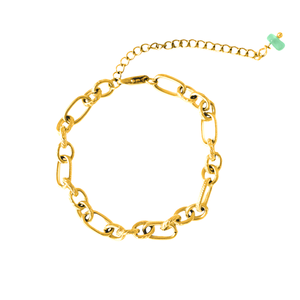 A simple yet elegant Custom Charm Bracelet design with a gold chain and a delicate green charm, showcasing a timeless accessory choice.