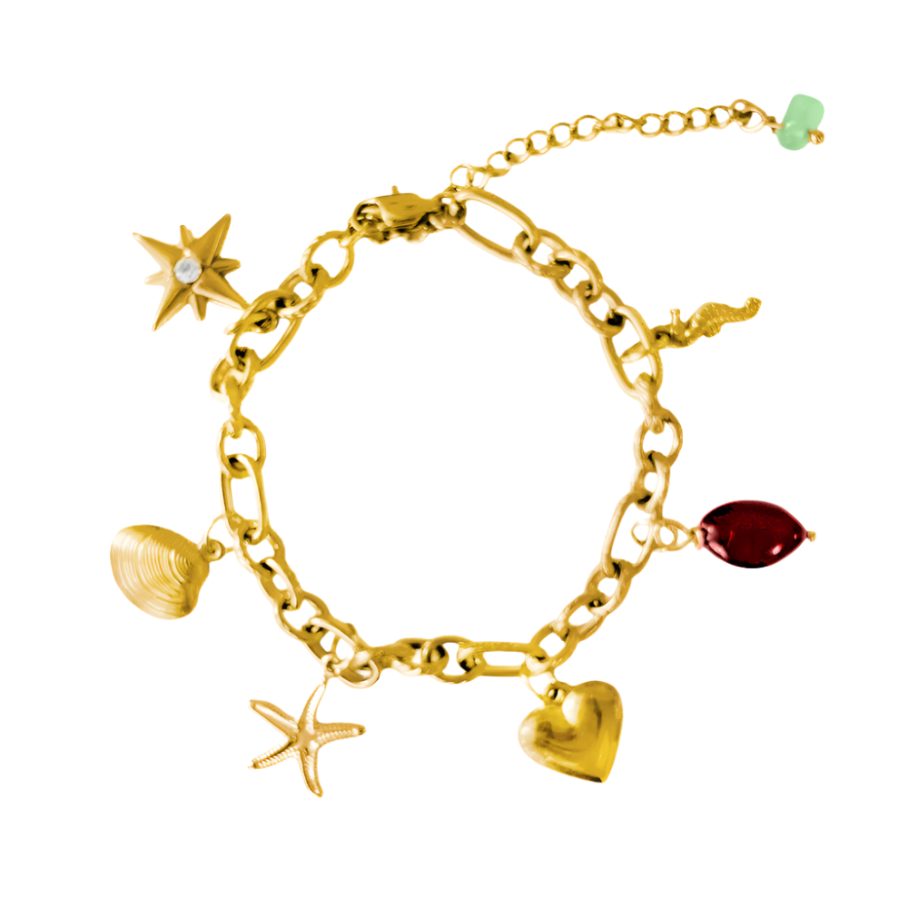 A detailed view of a Custom Charm Bracelet adorned with shell and star motifs alongside colourful beads, highlighting its unique design and elegance.