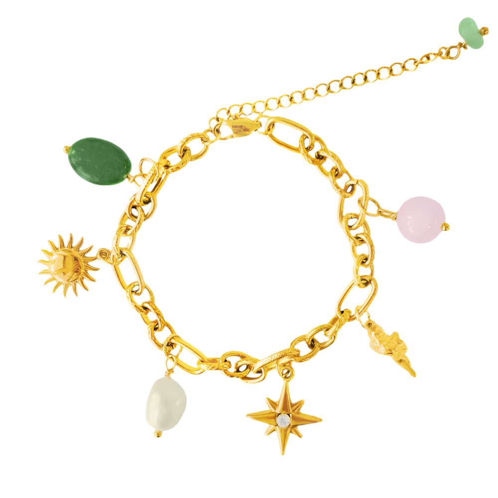 A vibrant Custom Charm Bracelet featuring an array of colourful charms including a star, sun, and natural stone beads, beautifully designed for a unique personal touch.