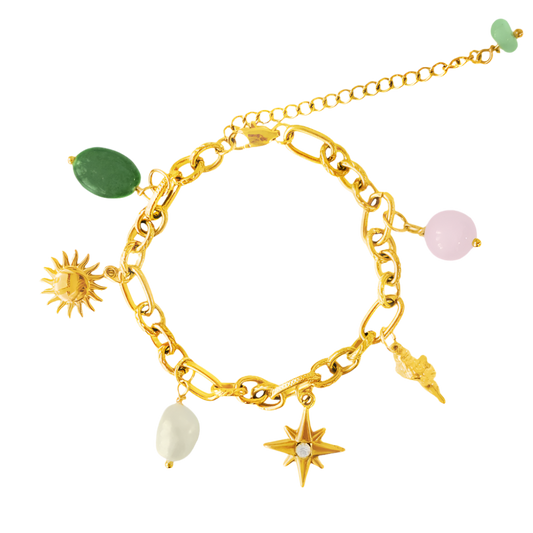 A vibrant Custom Charm Bracelet featuring an array of colourful charms including a star, sun, and natural stone beads, beautifully designed for a unique personal touch.