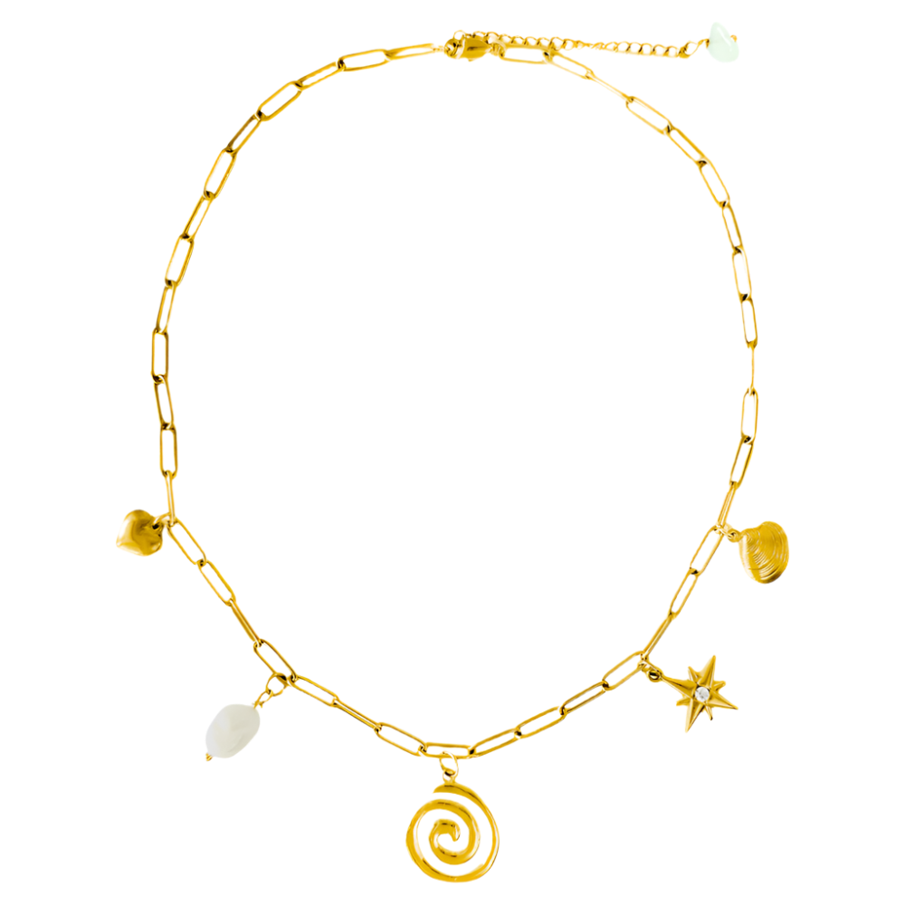 Elegant Custom Charm Necklace featuring a unique swirl charm and various charms, crafted in gold-plated stainless steel.