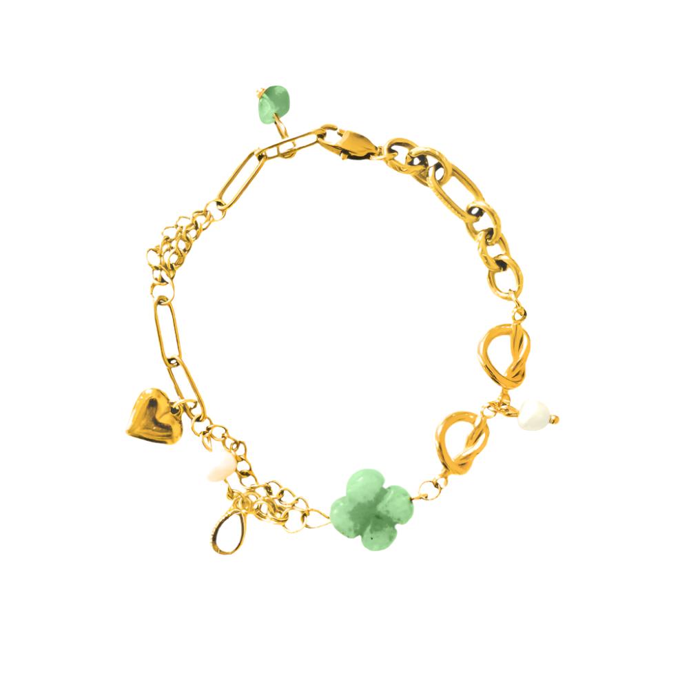 An exquisite asymmetric charm bracelet featuring layered gold chains, natural stones, and freshwater pearls, ideal for adding a unique touch to any outfit.