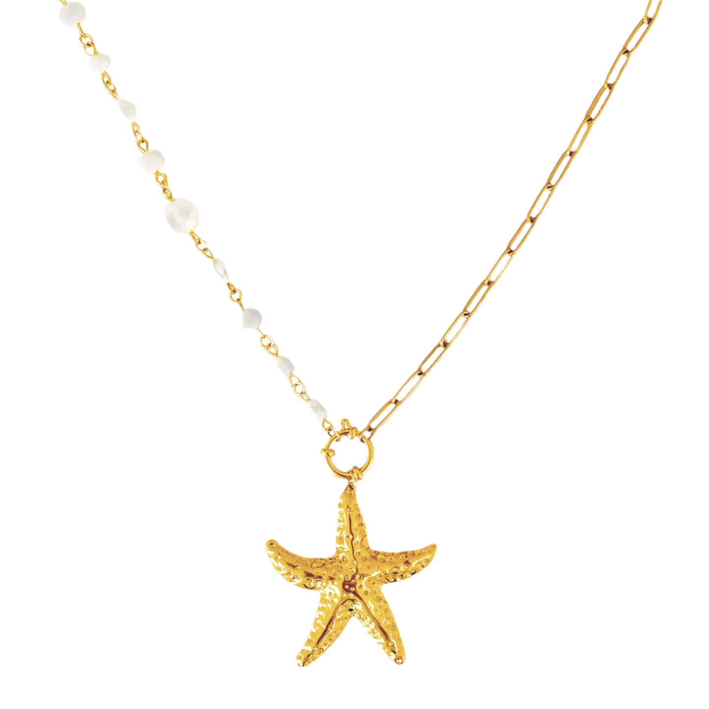 Elegant Milos Pearl Charm Necklace featuring a starfish charm and baroque freshwater pearls, perfect for summer styling.