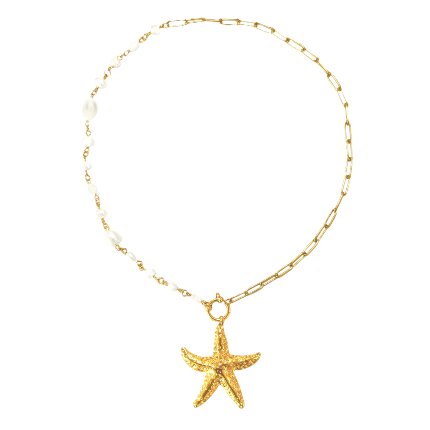 Stunning close-up of the Milos Pearl Charm Necklace highlighting its 18k Gold PVD plated stainless steel chain and freshwater pearls.