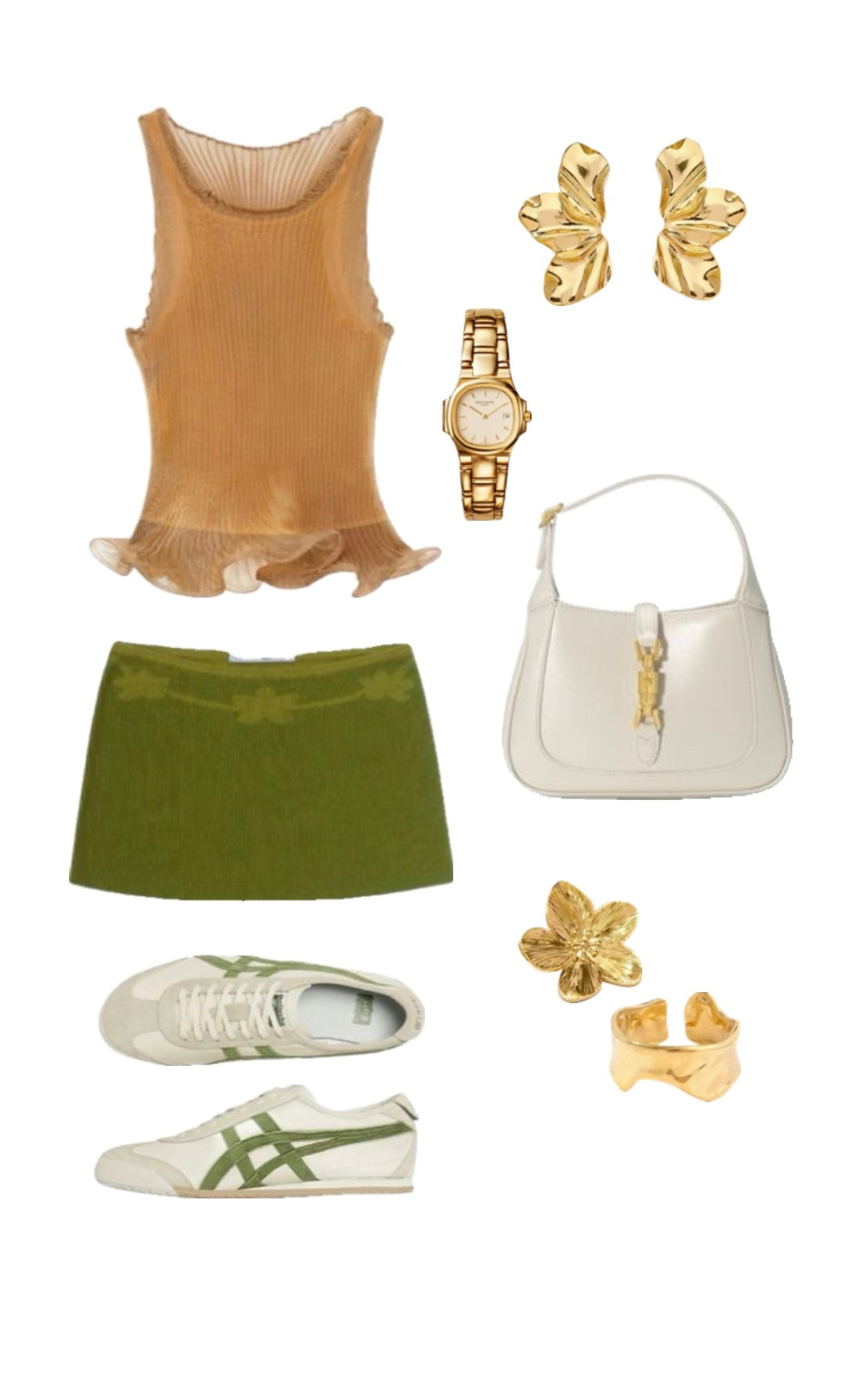 Fashion styling with the Aurora Ring by ÈRE, showcasing it with clothing and other accessories, presenting its perfect pairing as an asymmetrical gold ring.
