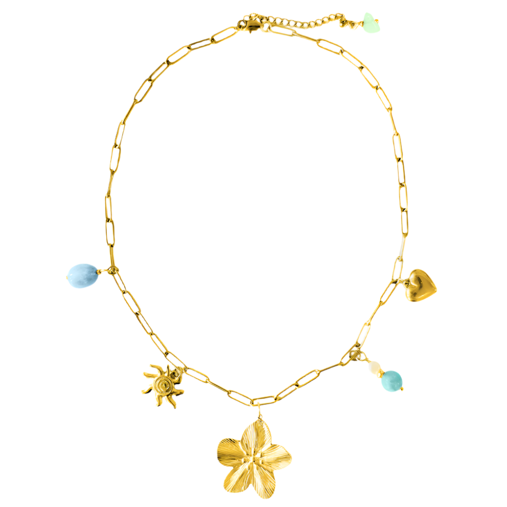 Beautiful Custom Charm Necklace with a floral charm, handcrafted from gold-plated stainless steel and natural stone beads.