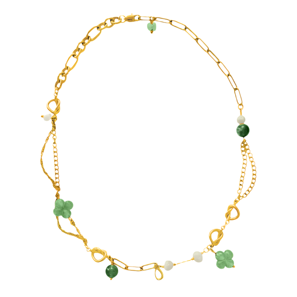 Asymmetric Charm Necklace featuring layered chains and unique green details in 18k Gold PVD plated stainless steel, showcasing natural stones and baroque freshwater pearls.