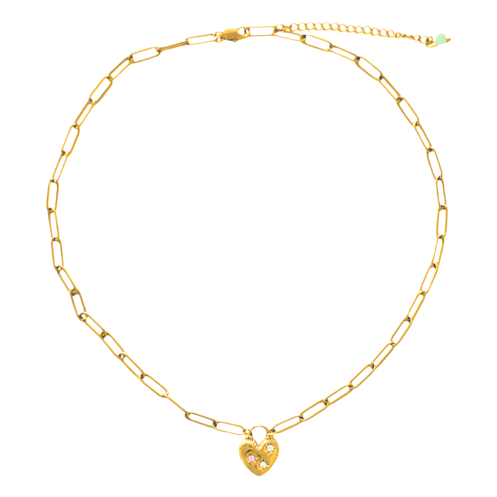 Close-up view of a luxurious heart necklace on a black background, highlighting the intricate details of the heart pendant and the stylish chain.