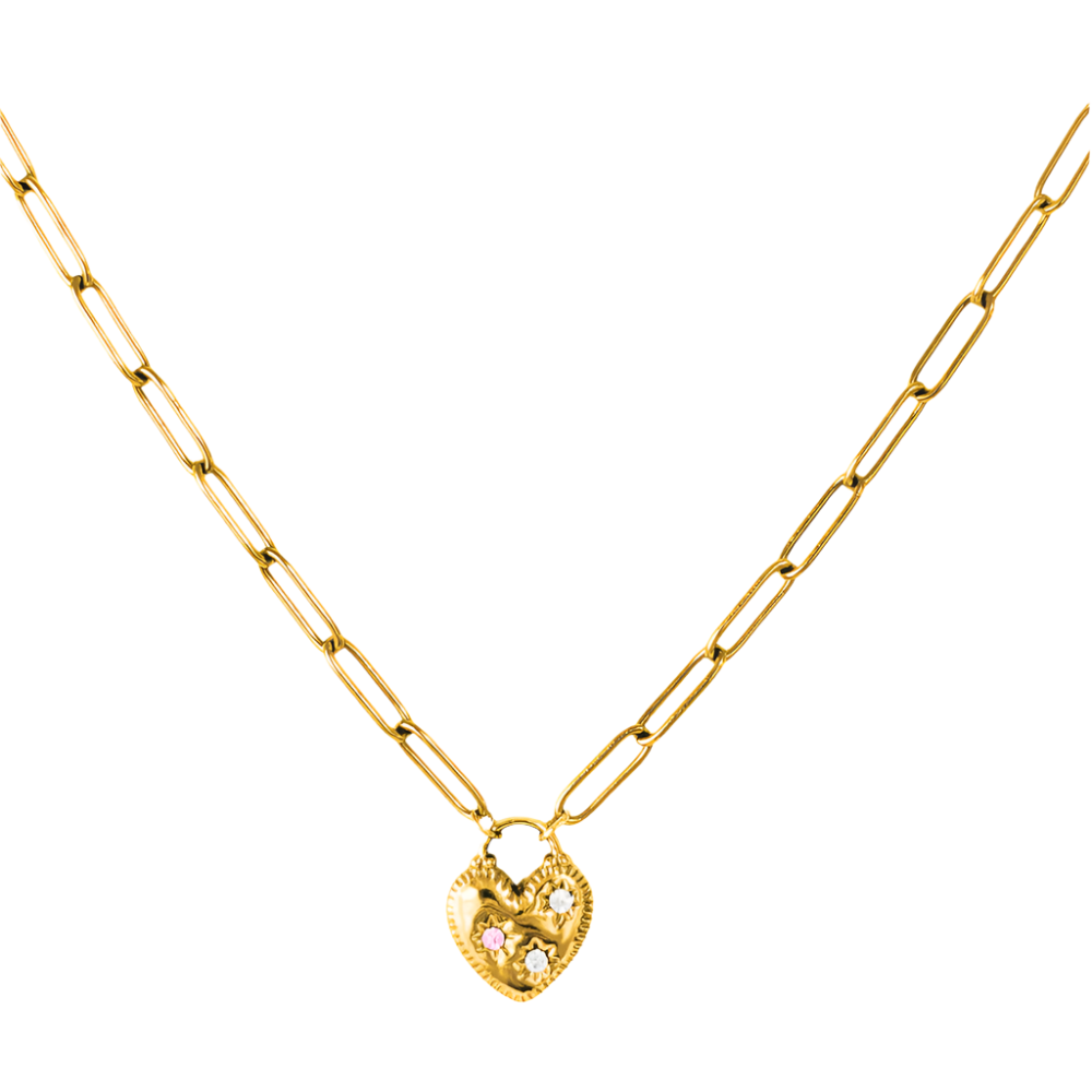 Elegant heart necklace featuring a paperclip chain and heart pendant with cubic zirconia stones, crafted from 18k gold PVD plated stainless steel.