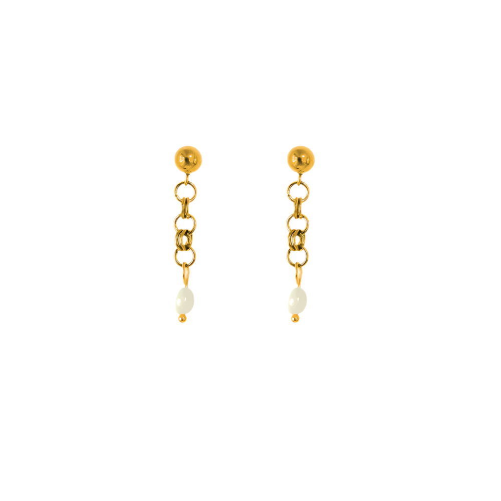 Dainty pearl earrings featuring delicate 18k Gold PVD plated stainless steel and natural freshwater pearls, perfect for elegant everyday wear or as part of a stylish earring stack.