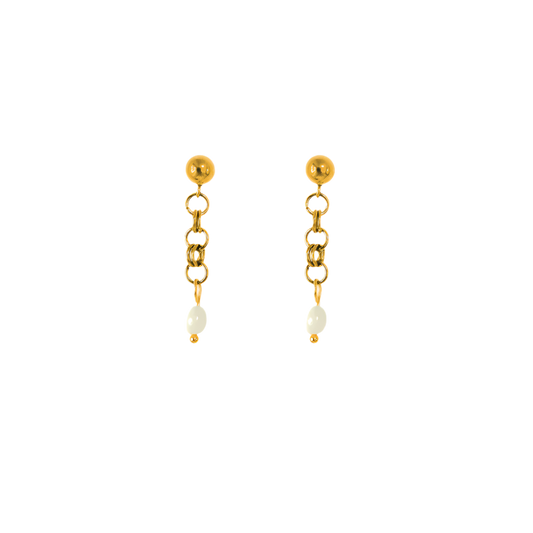 Dainty pearl earrings featuring delicate 18k Gold PVD plated stainless steel and natural freshwater pearls, perfect for elegant everyday wear or as part of a stylish earring stack.