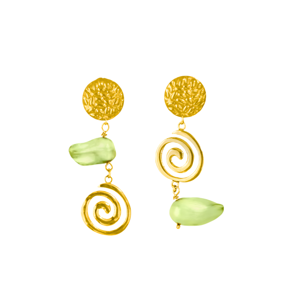 Elegant spiral pearl earrings featuring 18k gold PVD plated stainless steel and baroque freshwater pearls, showcasing intricate hammered textures and a unique asymmetric design.