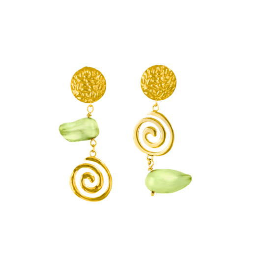 Elegant spiral pearl earrings featuring 18k gold PVD plated stainless steel and baroque freshwater pearls, showcasing intricate hammered textures and a unique asymmetric design.